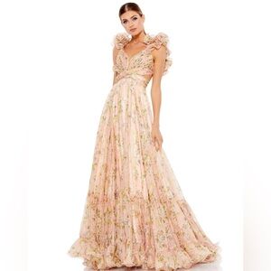 Mac Duggal Pink Ruffle Tiered Floral Cut-Out Chiffon Gown